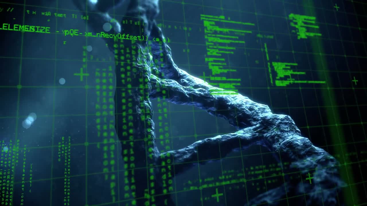 Animation of data processing over 3d dna strand spinning