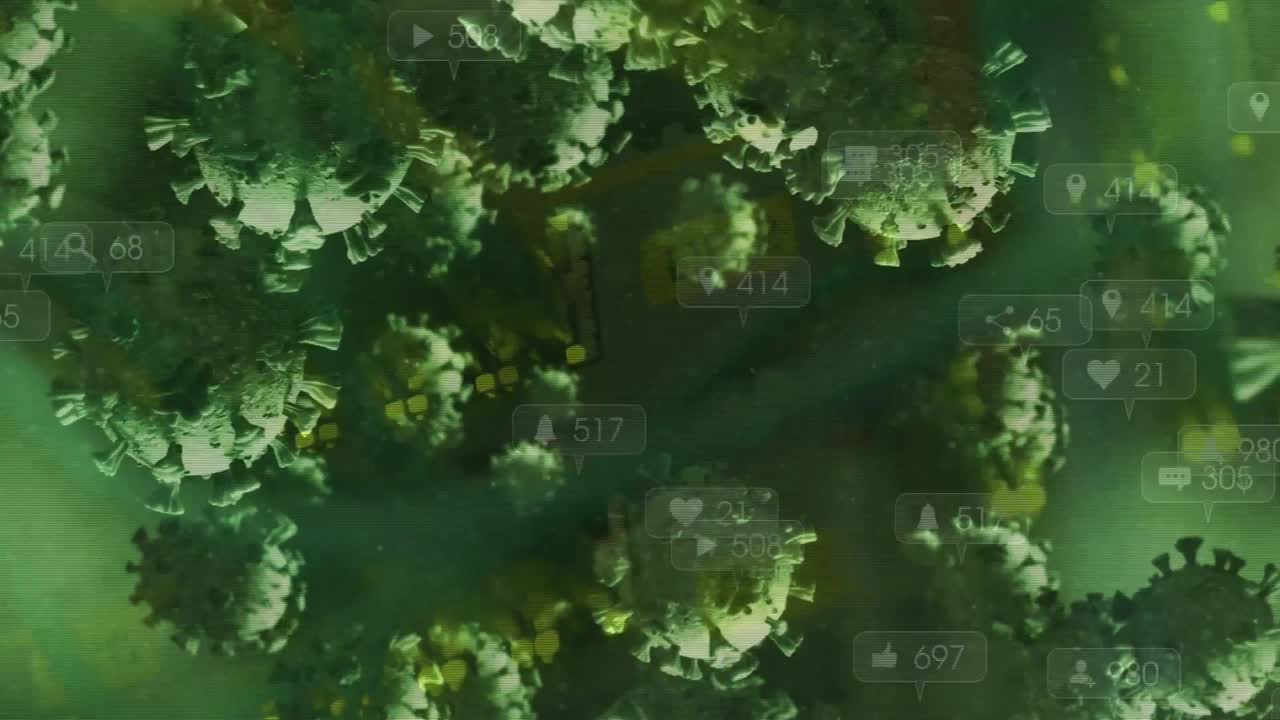 여러 코로나19 세포와 디지털 아이콘이 컴퓨터 서버의 클로즈업에 대해 증가하는 숫자를 나타 ⁇ 니다.