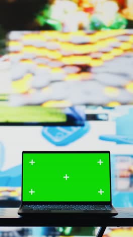 vertical video screen running copy space mockup on laptop next to social network apps