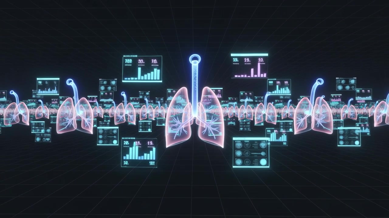 Camera pulling back revealing pulsing central lung hologram over VR grid, showing diagnostic arrays