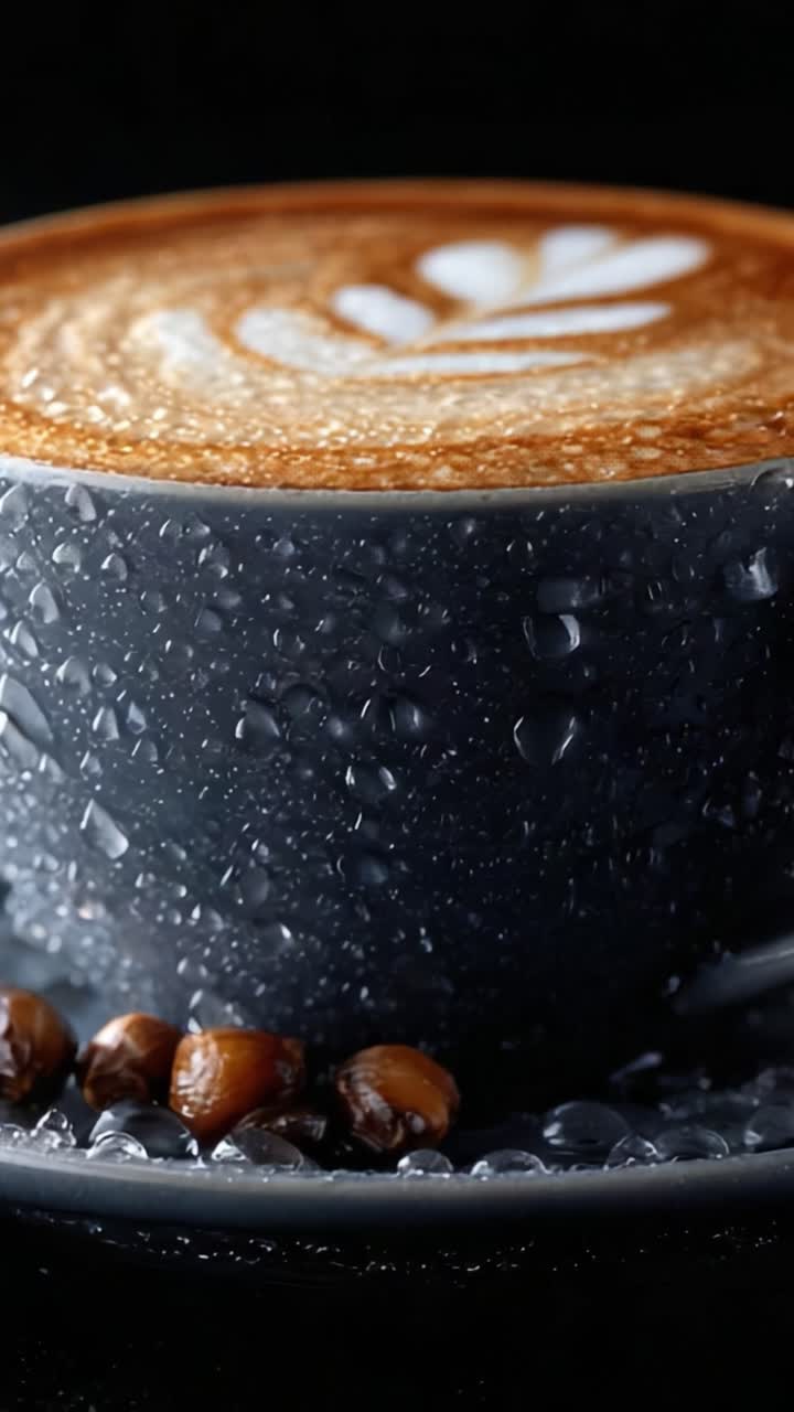 A Close-Up Look at a Beautifully Crafted Latte with Intricate Foam Art, Set Against a Dark Background, Showcasing the Richness of Coffee and Serenity in Every Sip