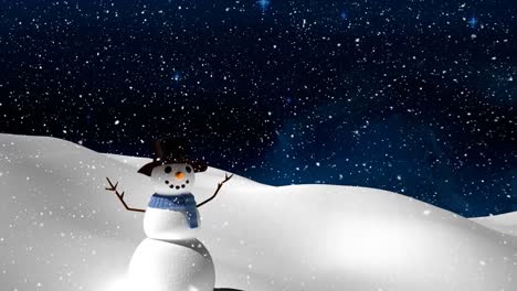 Schnee-Fällt-über-Schneemann-Auf-Winterlandschaft-Vor-Blau-Leuchtenden-Sternen-Am-Nachthimmel
