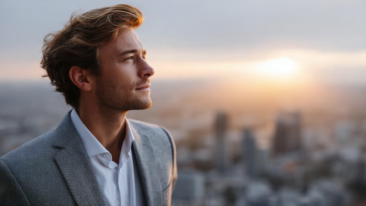 A Thoughtful Individual Gazes Towards the Horizon During Sunrise, Capturing the Tranquility and Beauty of Early Morning in an Urban Setting