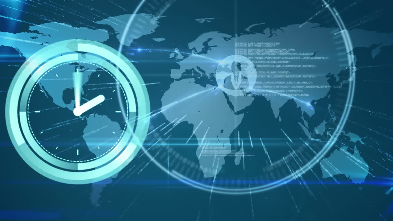 세계 지도 위의 연결 네트워크와 함께 시계의 애니메이션