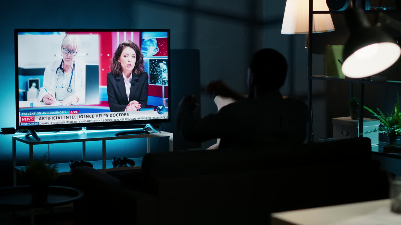 젊은 남자는 거실의 소파에서 휴식을 취하고 tv에서 최신 헤드라인을 따르고 있습니다.