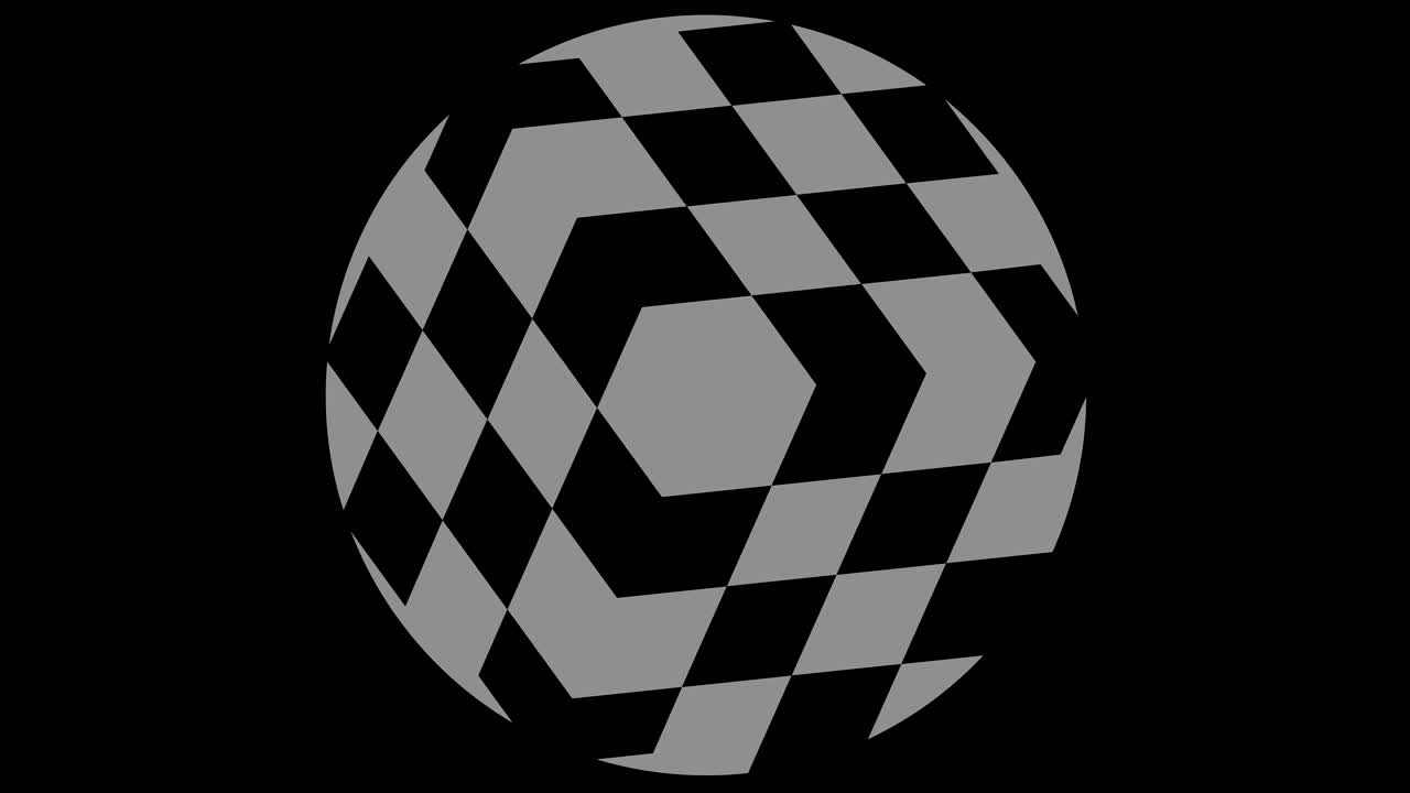 16:9 영상 형식으로 풀 스크린에서 중앙으로 사라지는 크기를 줄여 시계 방향으로 회전하는 스트로보스코픽 및 최면 효과를 가진 흑백 그래픽 객체