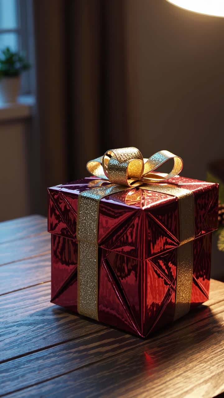 Una scatola regalo rossa splendidamente confezionata con un nastro dorato su un tavolo di legno, catturata in un ambiente caldo e accogliente