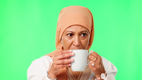 woman, hijab and thinking in green screen studio