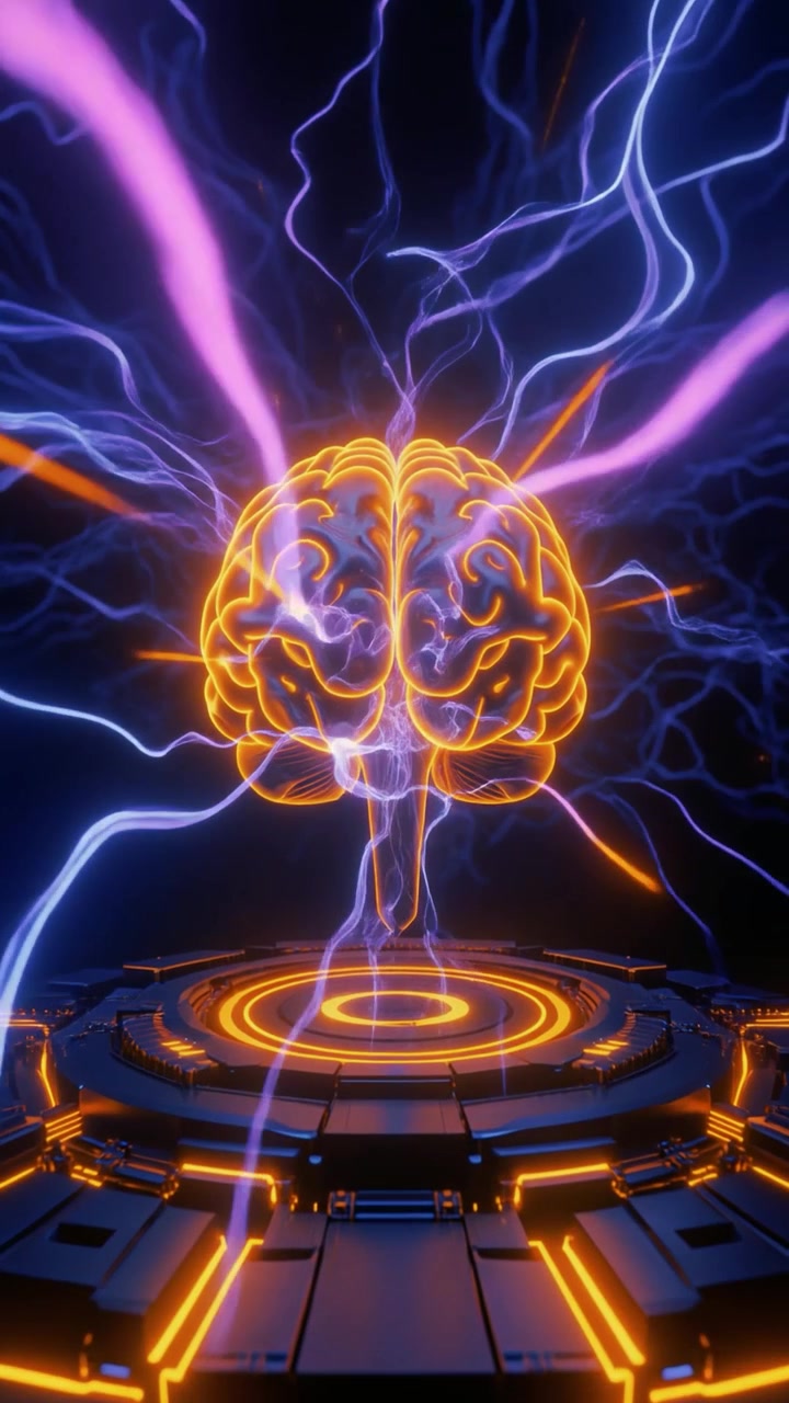 Cervello Digitale Luminoso che Fluttua Sopra una Piattaforma Tecnologica Futuristica