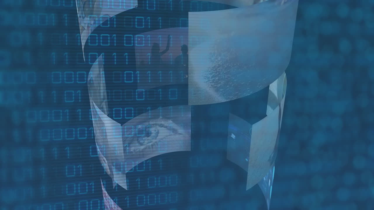 Animation of binary code and digital images creating abstract technology concept