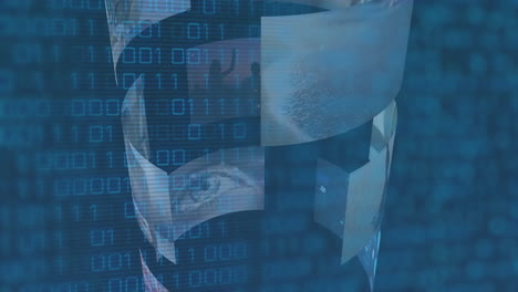 Animation of binary code and digital images creating abstract technology concept