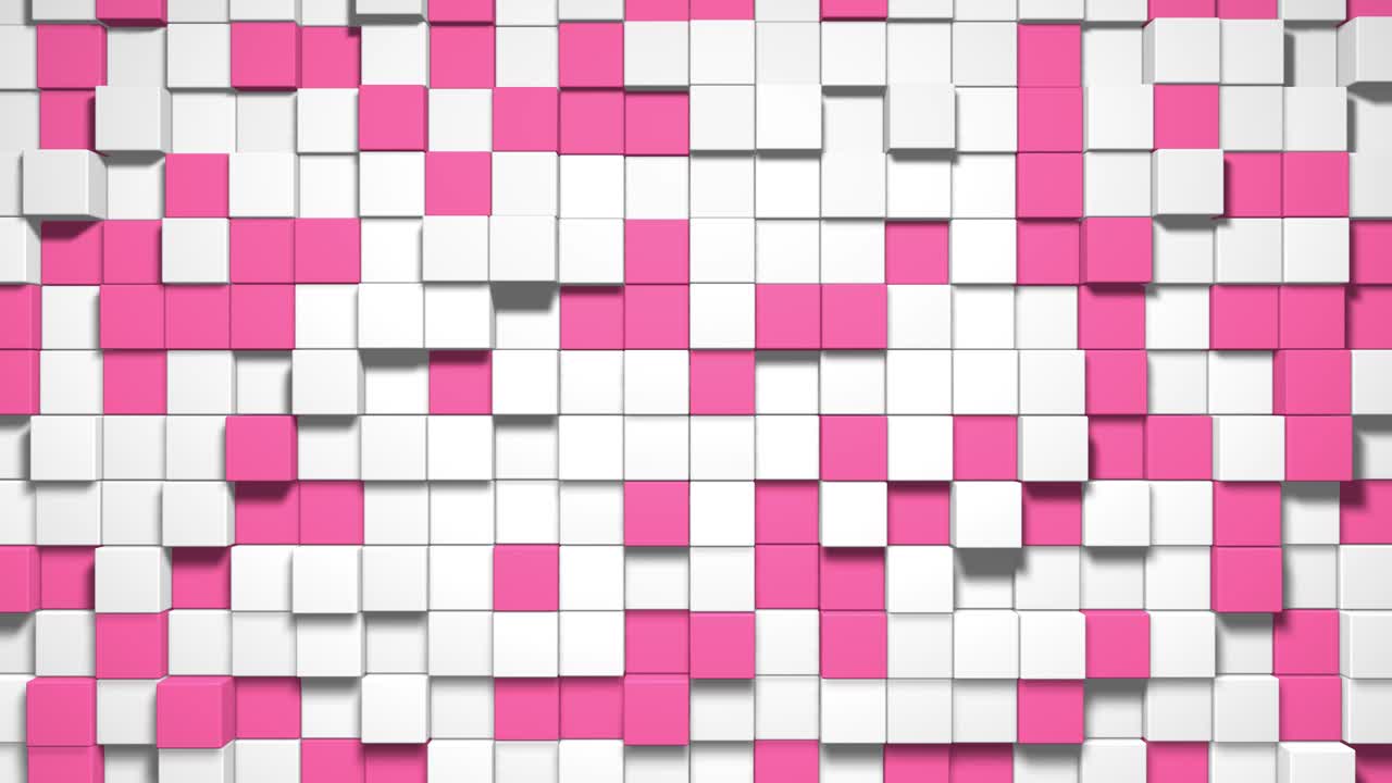 3d cubos abstractos bucle. videojuego isométrico patrón de ondas de mosaico geométrico. construcción de paisajes de colinas utilizando bloques rosados blancos. animación 4k