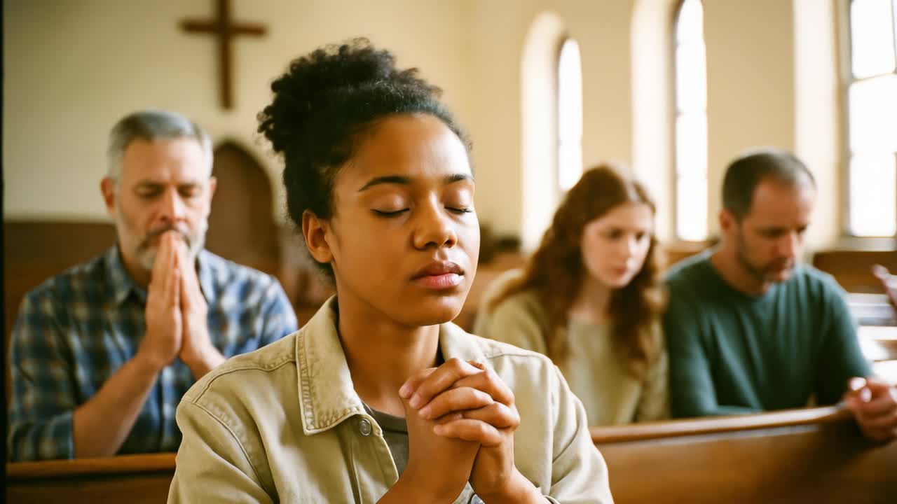 A serene video still of diverse individuals praying in a church, captured from a front angle video