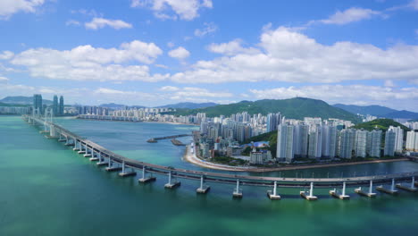 aerial view of gwangan bridge or gwangandaegyo with busan city skyline on sunny day