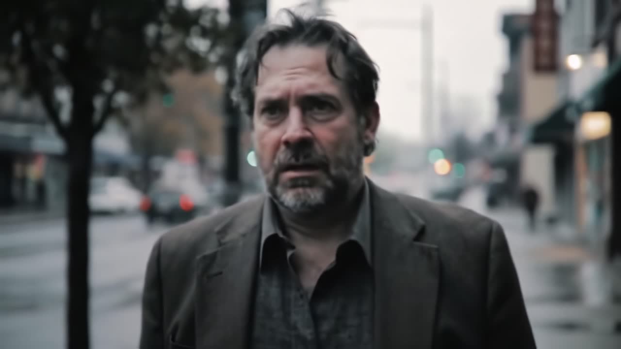 A contemplative man walks alone down a desolate street, reflecting on his thoughts as the rainy atmosphere captures the somber mood of the moment