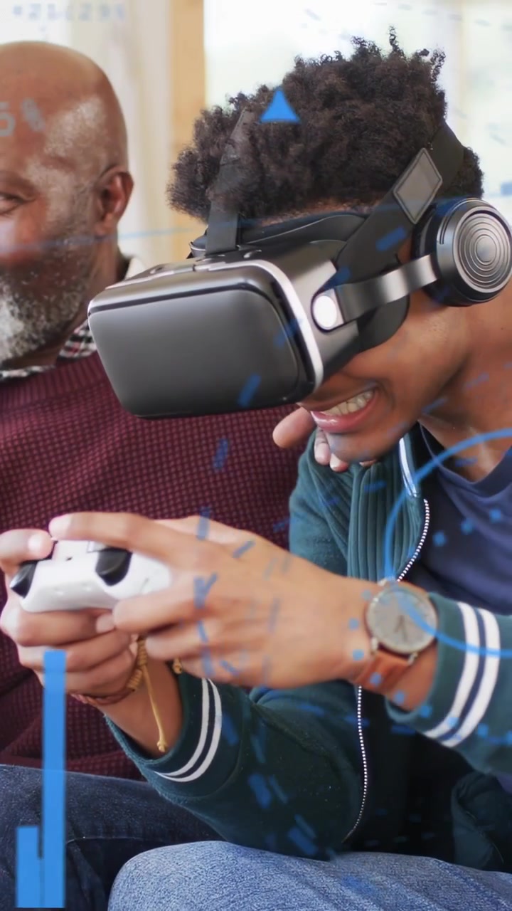 Vertical video: Adult putting on VR, playing pad; Senior cheering and family gaming with blue HUD