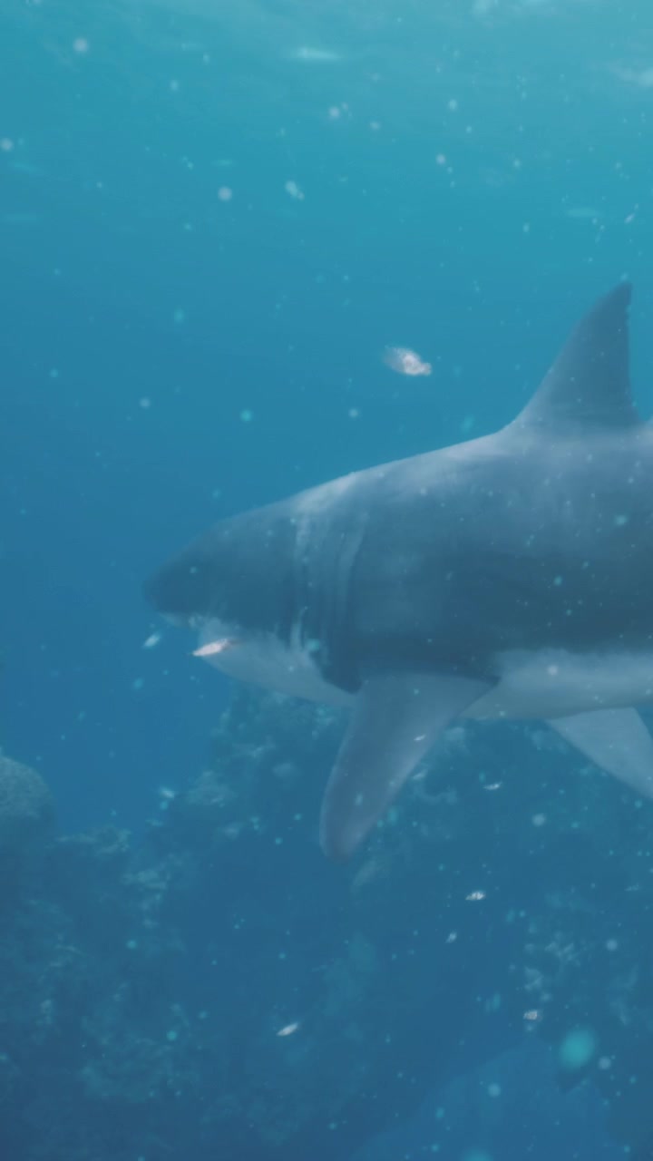 Underwater scene shows a shark swimming near ocean floor with bubbles