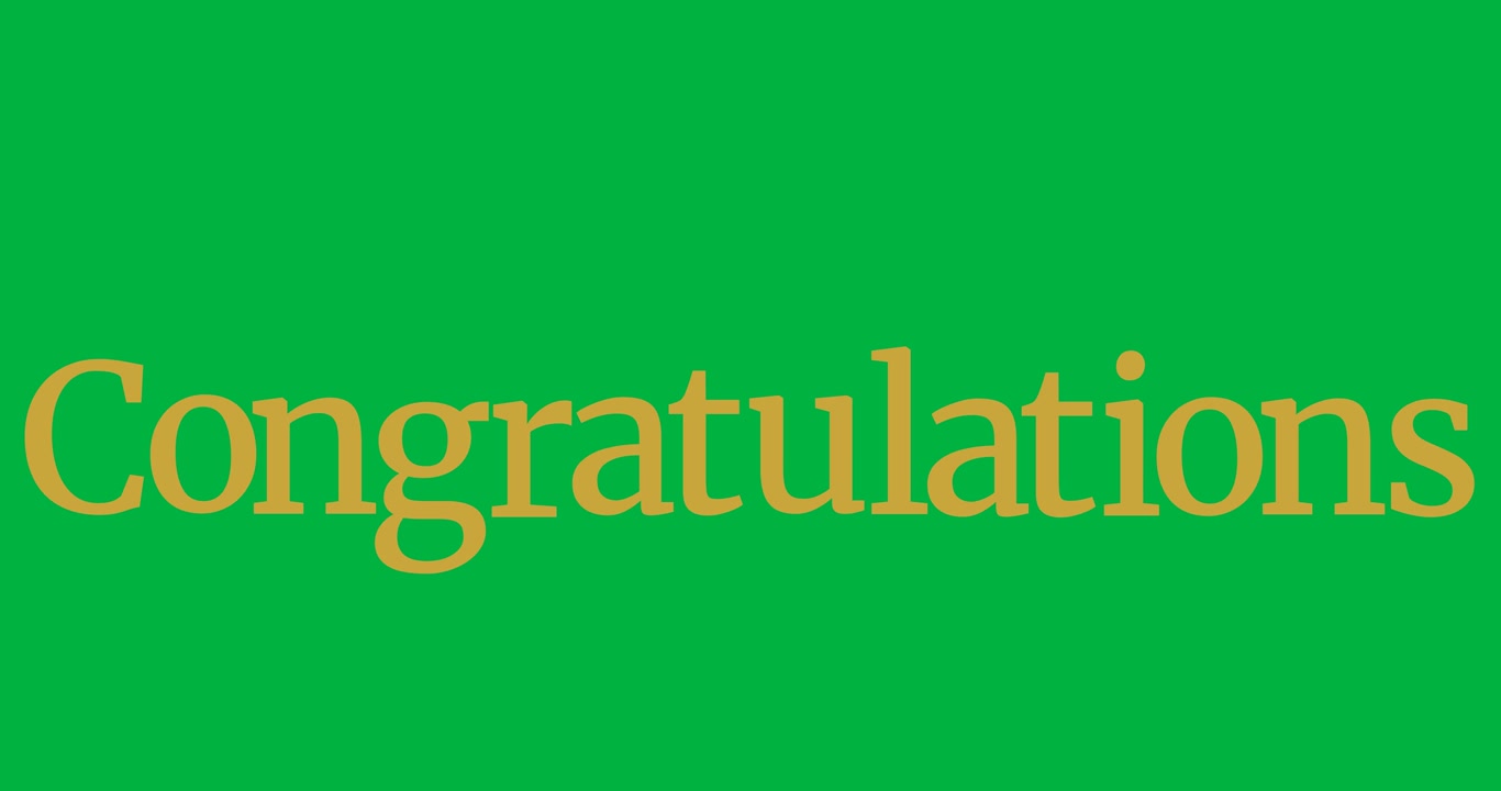 Animazione digitale di un banner di testo "Congratulazioni" su sfondo nero.