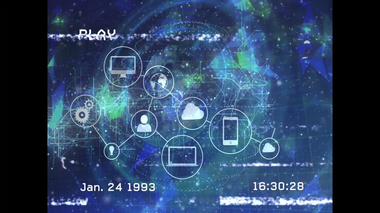 Digital network icons with data processing animation on blue tech background