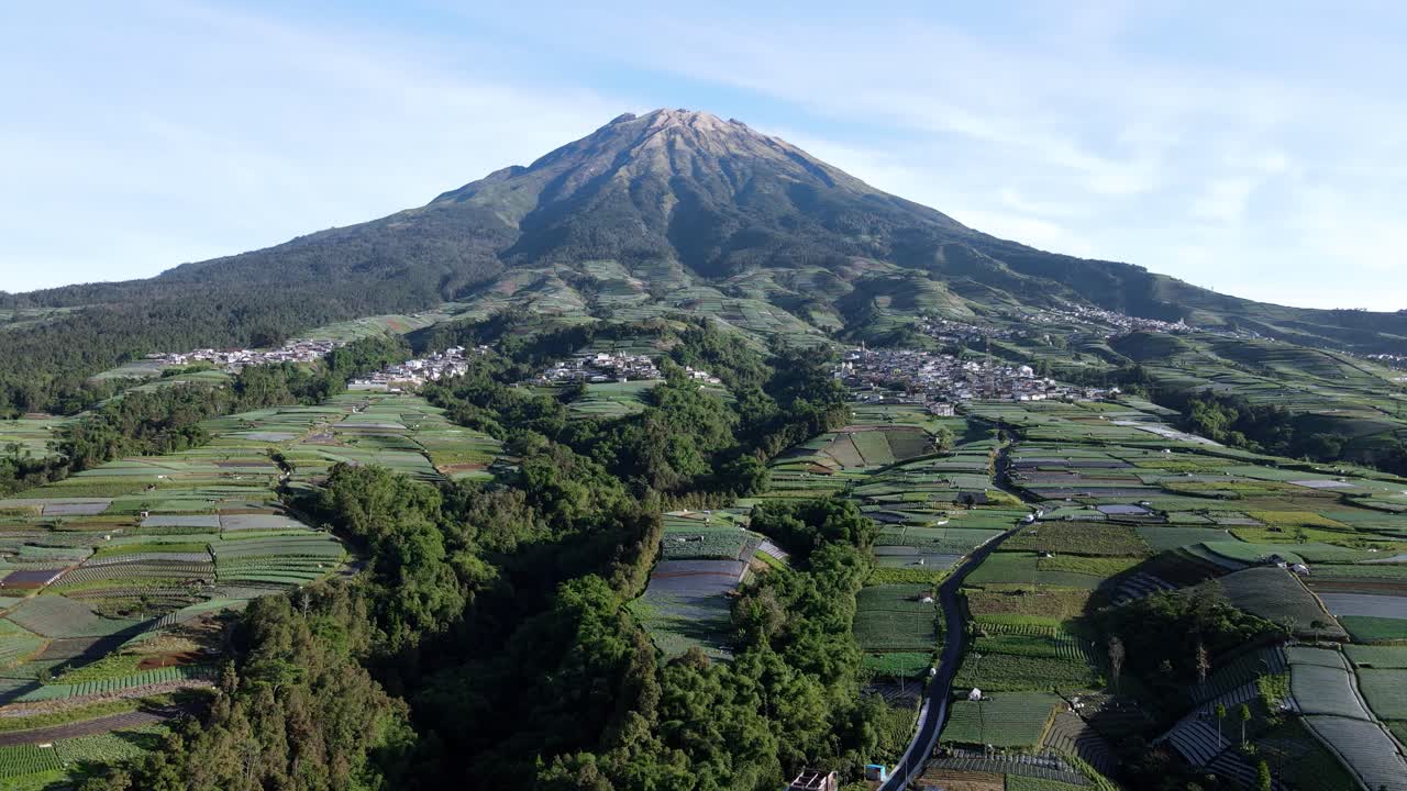 Aerial view of Mount Sumbing with green vegetable plantation