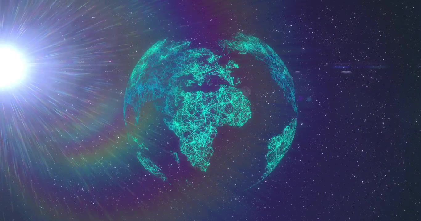 Luce sinistra che scintilla su un globo di fili turchese che ruota in senso orario, con la rete che pulsa, mostrando una rete globale.