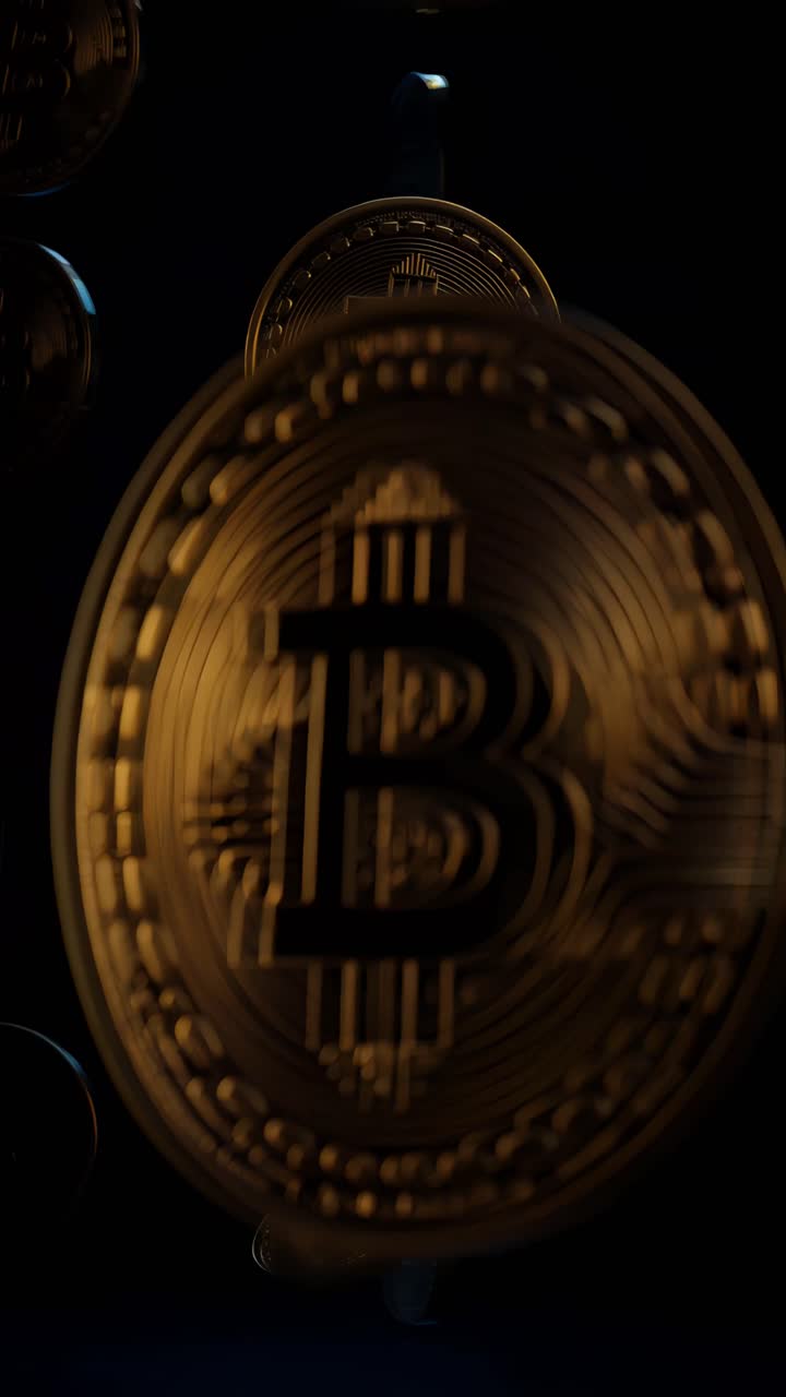 Animazione rotante di Bitcoin dorato su sfondo scuro, criptovaluta cinematografica 4K.