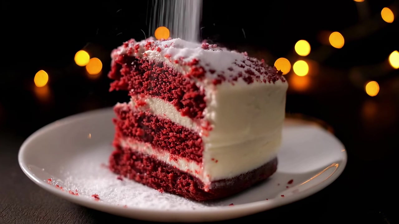 Spolverare zucchero a velo su una fetta di torta Red Velvet