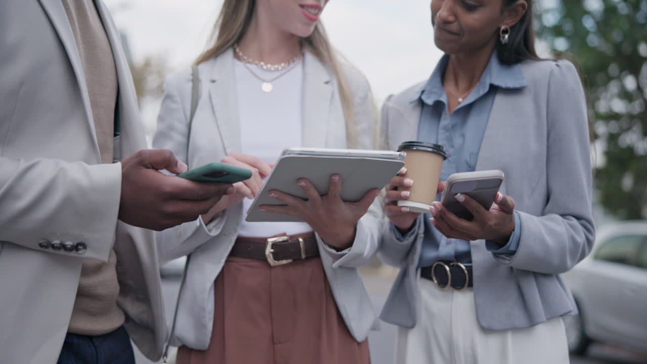 Tablet, technology and hands of city business