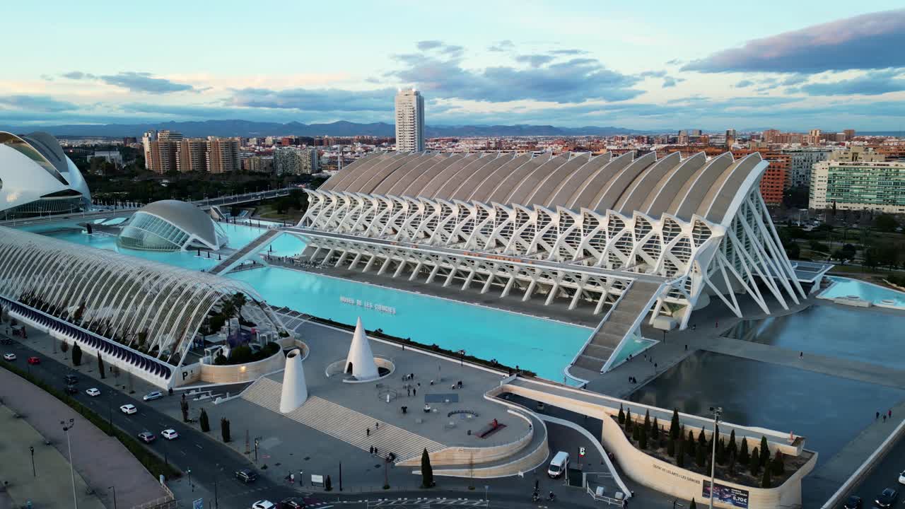 A stunning aerial panoramic view of the Prince Felipe Science Museum in Valencia, Spain.