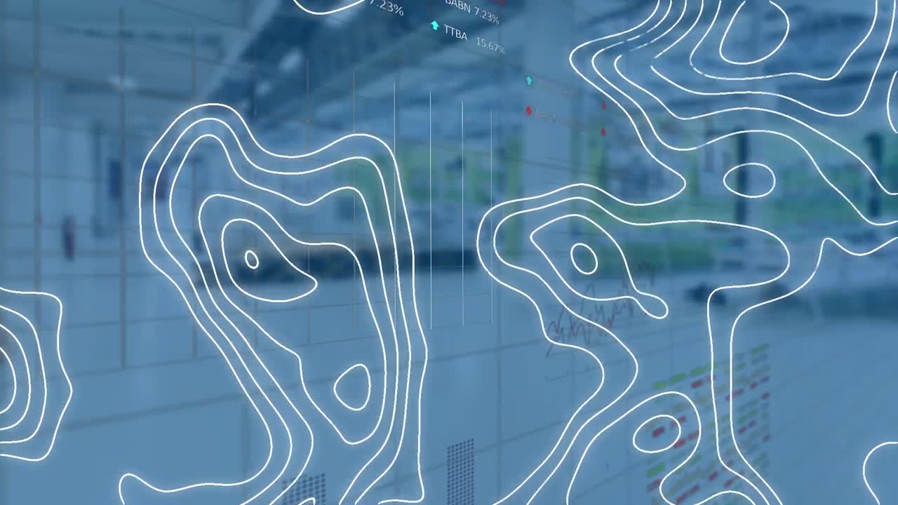 Animation of isohypses over stock market screen in background