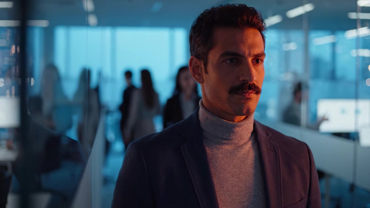 Introspective Businessman in a Modern Office Environment Reflects on Challenges Ahead Amidst a Soft Blue Glow and Corporate Ambiance