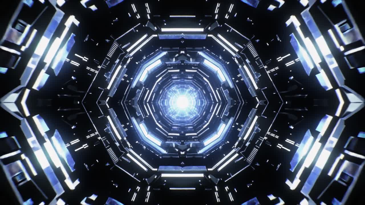 Flying Through a Futuristic Hexagonal Tunnel with Glowing Blue Lights