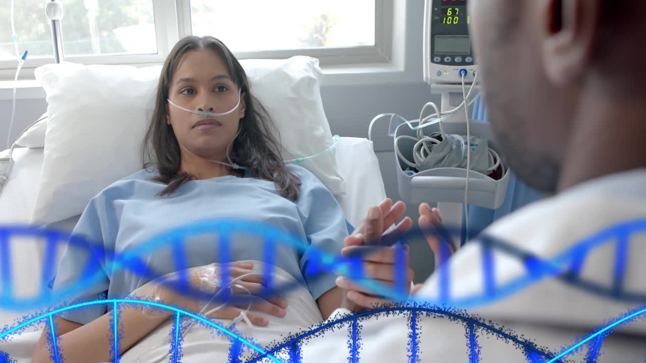 animación de cadenas de adn sobre diversos médicos y pacientes masculinos en el hospital