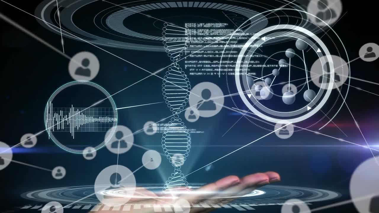 검은색 배경에 있는 dna 줄기 위의 연결 네트워크의 애니메이션과 데이터 처리