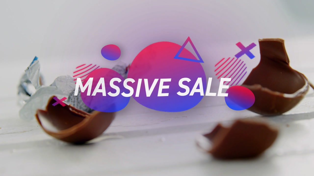 Promo overlay fading in, broken milk-choc shells shifting, icons pulsating promoting MASSIVE SALE