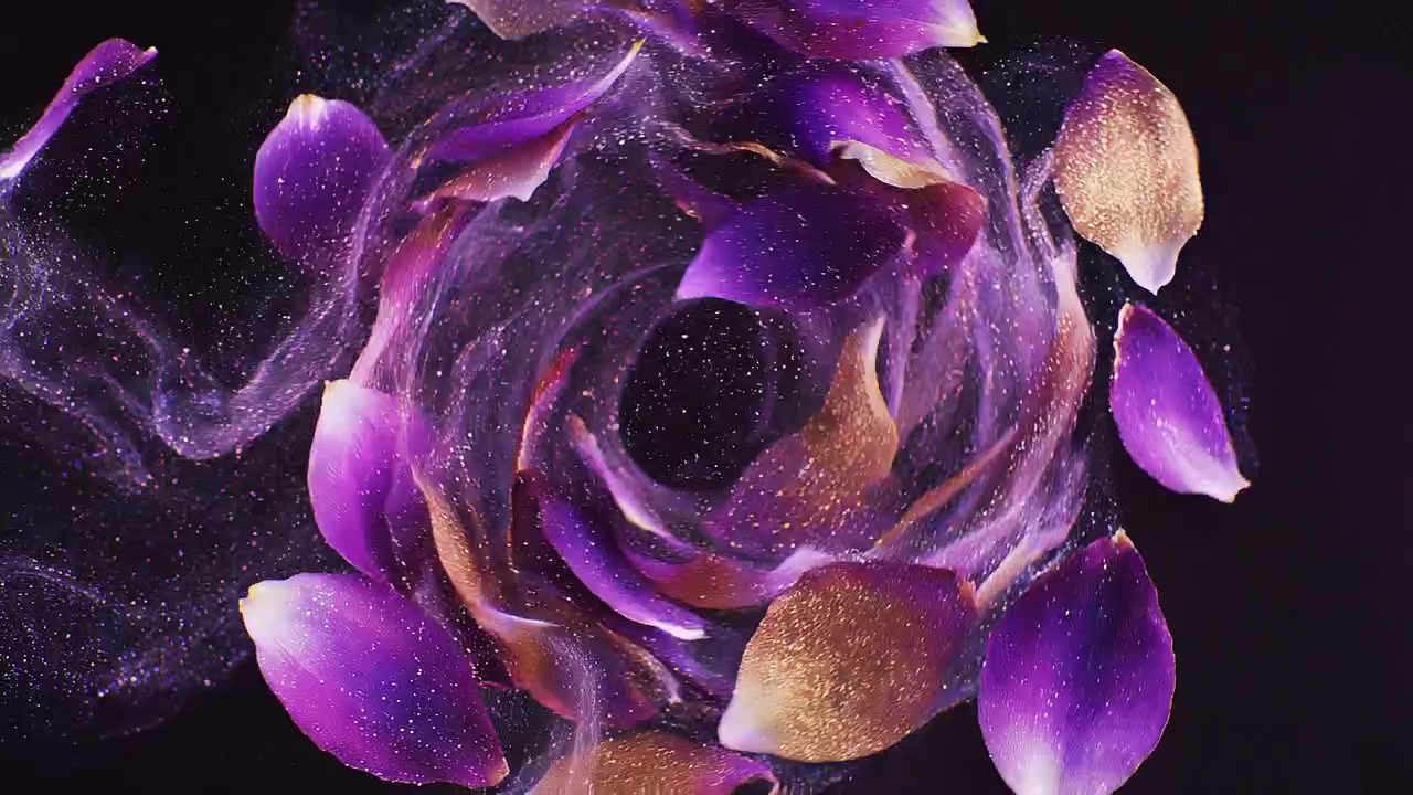 Abstract purple and gold petals floating on black background