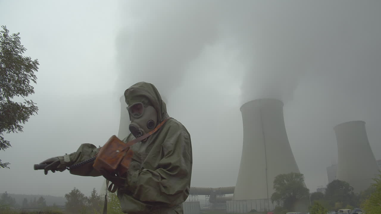 un soldado con traje protector comprueba una fuga de radiación fuera de las torres de refrigeración de un reactor nuclear