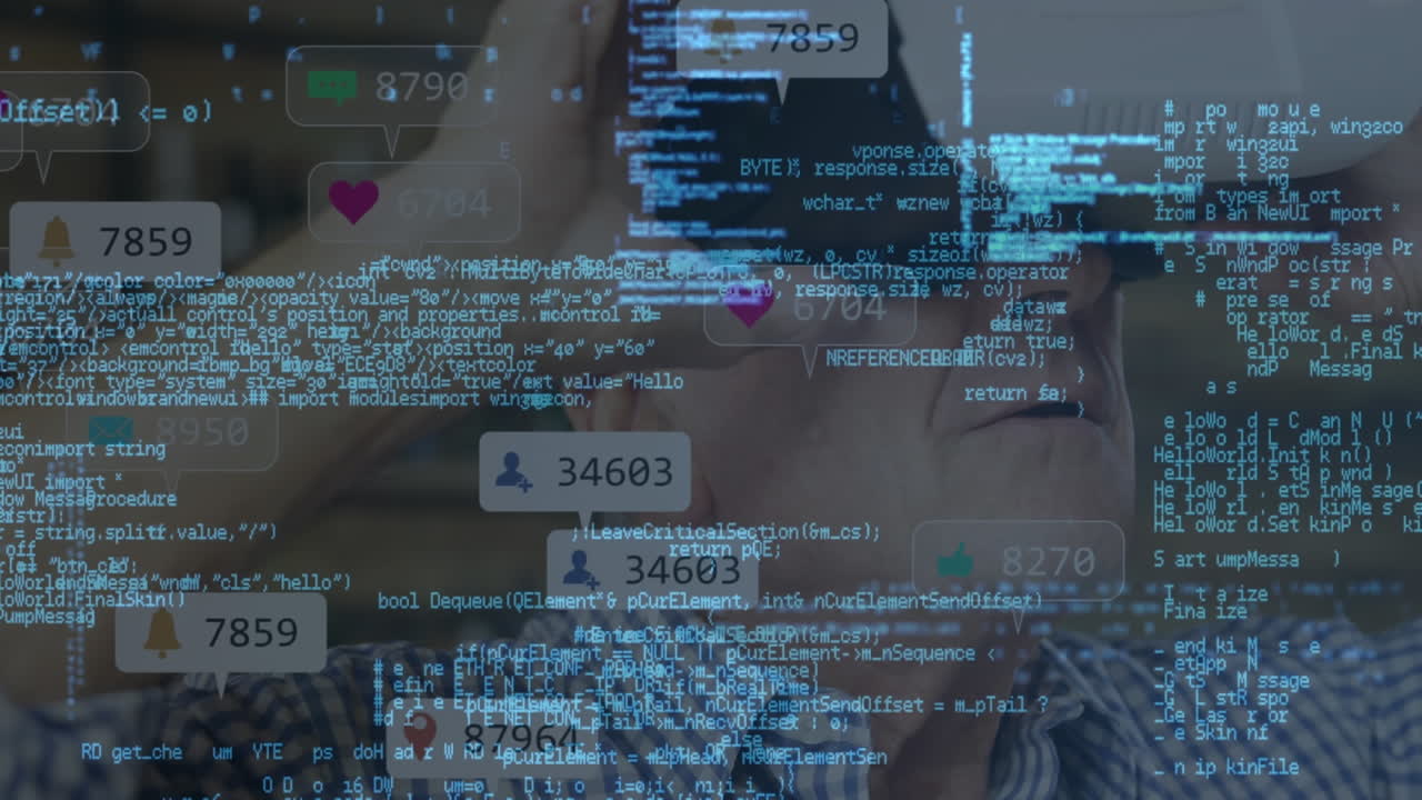 Animation of information and data processing over person wearing vr headset