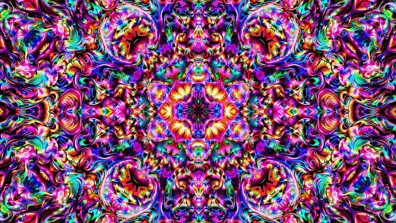 Psychedelic vibrant glowing neon colors forming kaleidoscopic pattern with intricate details, perfect for backgrounds, posters, or any project needing a touch of unique artistic style