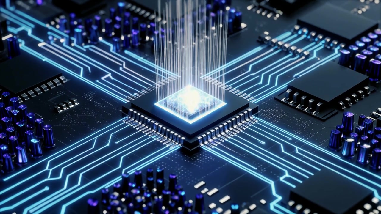 CPU-chip aktiveres med glødende datastrømme på et kredsløbskort.