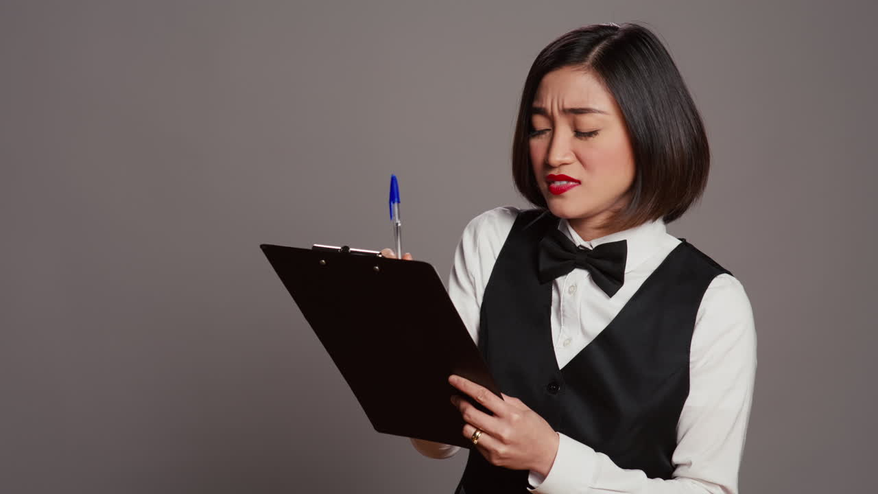 administrador del hotel comprobando los nombres de la lista de reservas de habitaciones