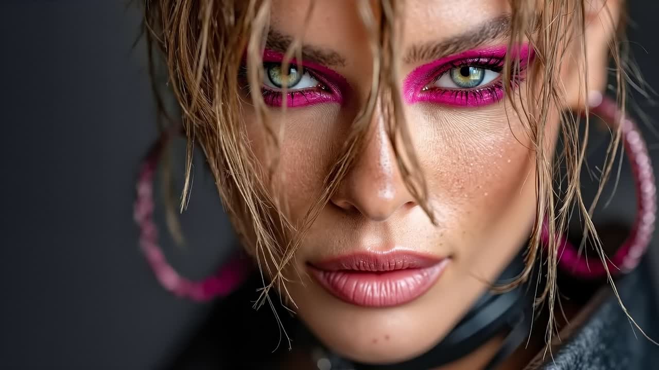 A woman with bright pink eye makeup and pink earrings