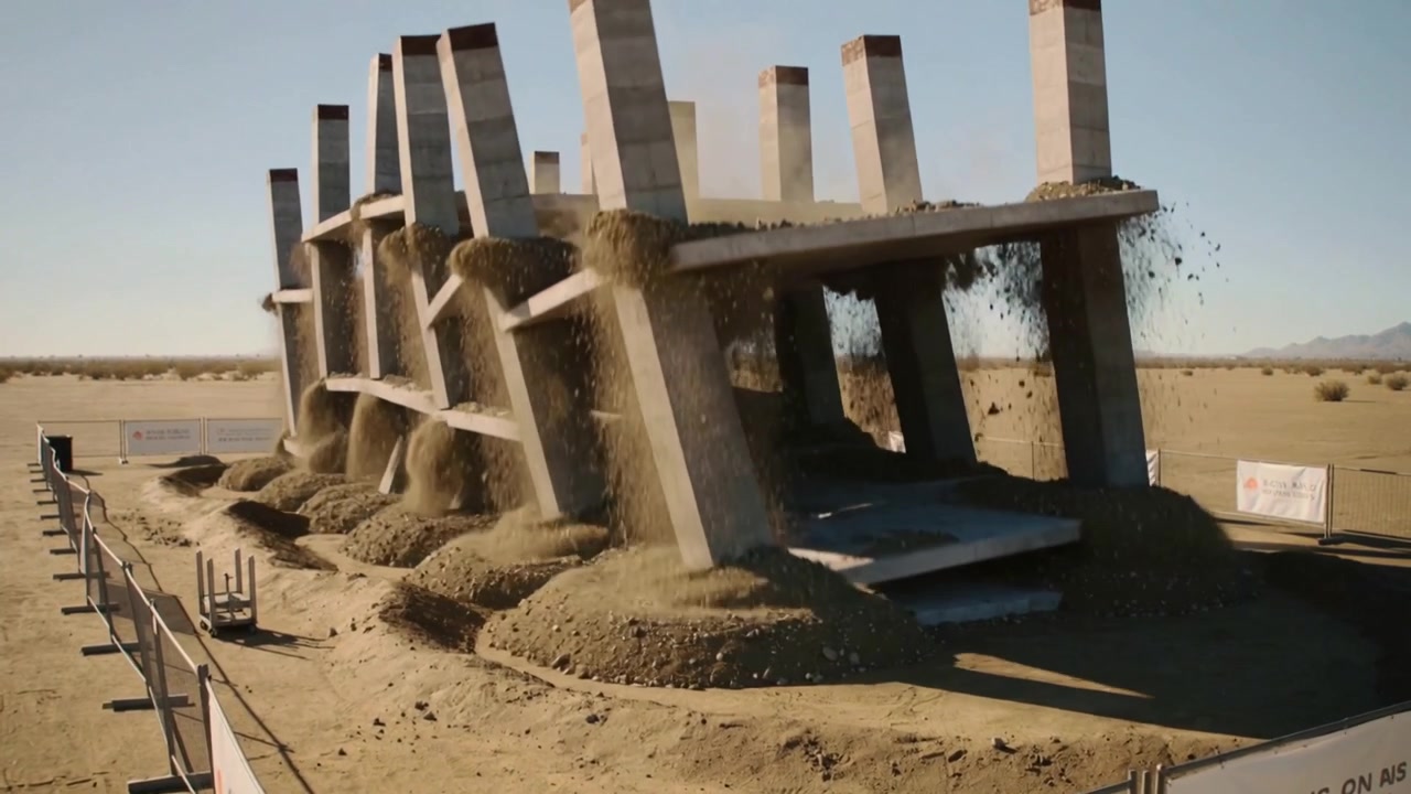 Struttura in cemento a tre piani che perde sabbia, crolla per perdita di supporto in un sito di prova nel deserto, con polvere.