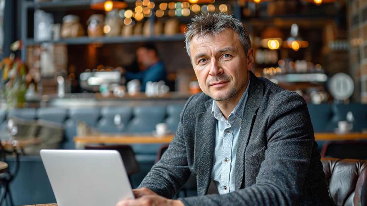 Mature man working on a laptop in a cafe