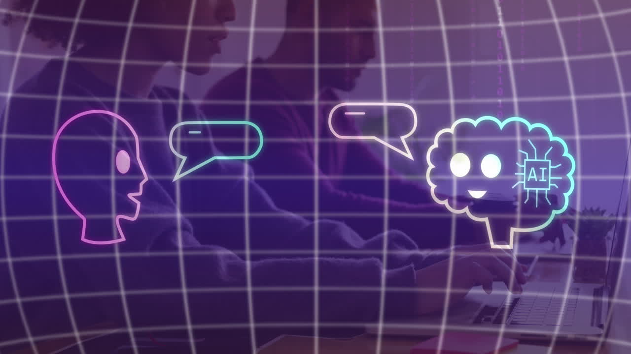 채팅 아이콘과 컴퓨터를 가진 다양한 사업가와 함께 ai 데이터 처리의 애니메이션