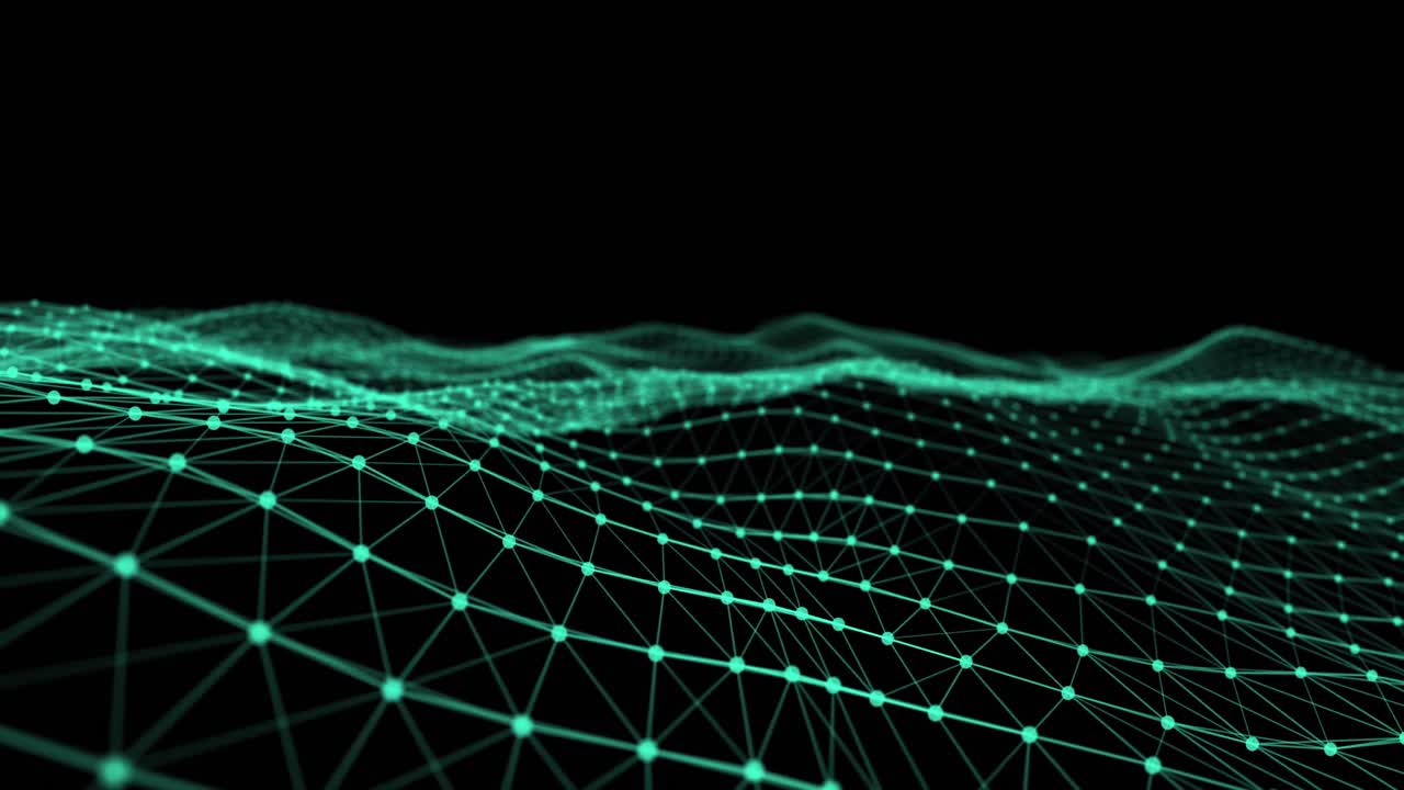 Glowing green mesh waves against black background