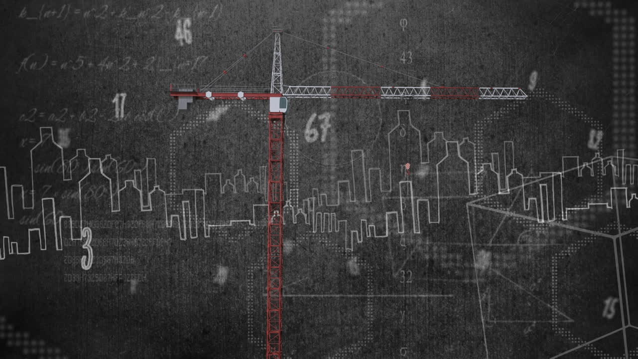 Animation of numbers over crane and cityscape on gray background