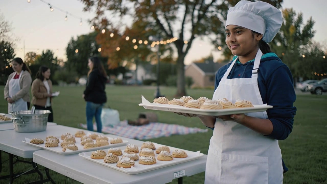 Camera panning teen server in chef-hat apron holding treats tray serving locals at park, copy space