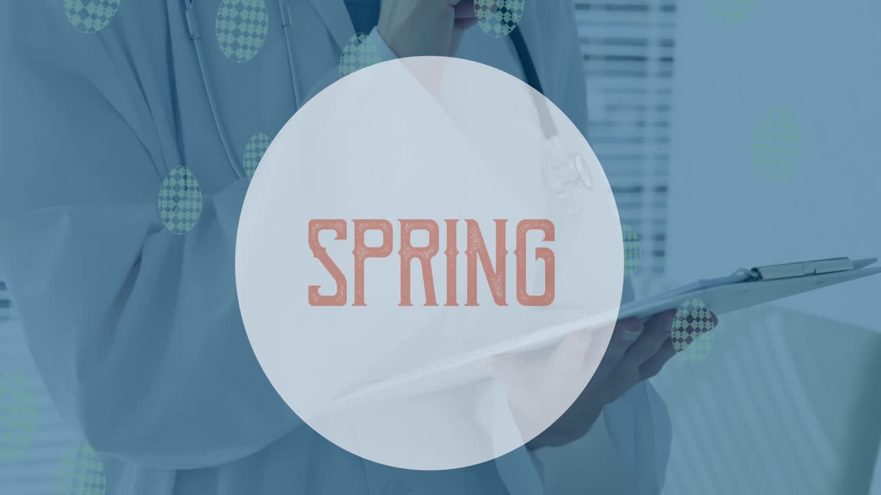 animación del texto de primavera en el círculo sobre la escritura del médico caucásico