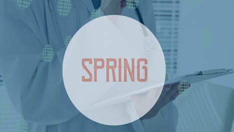 animación del texto de primavera en el círculo sobre la escritura del médico caucásico